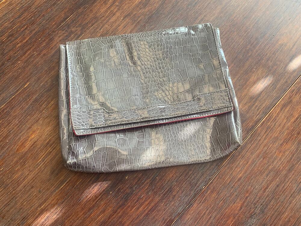 Vince Camuto Gray Croc Embossed Leather Foldover Clutch Bag